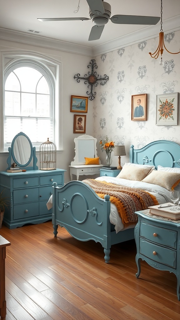 A cozy bedroom with vintage blue furniture, featuring a bed, dressers, and decorative elements.