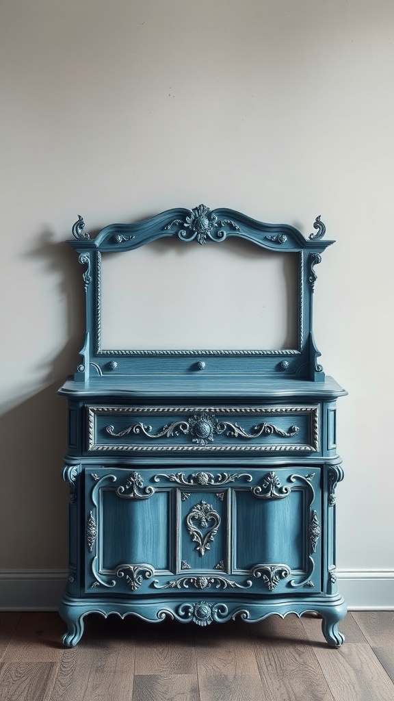 Vintage blue furniture with intricate carvings and a serene appearance.