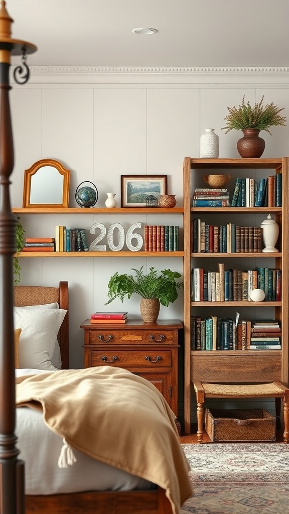 A cozy farmhouse chic bedroom featuring a wooden bookshelf filled with books and decorative items.