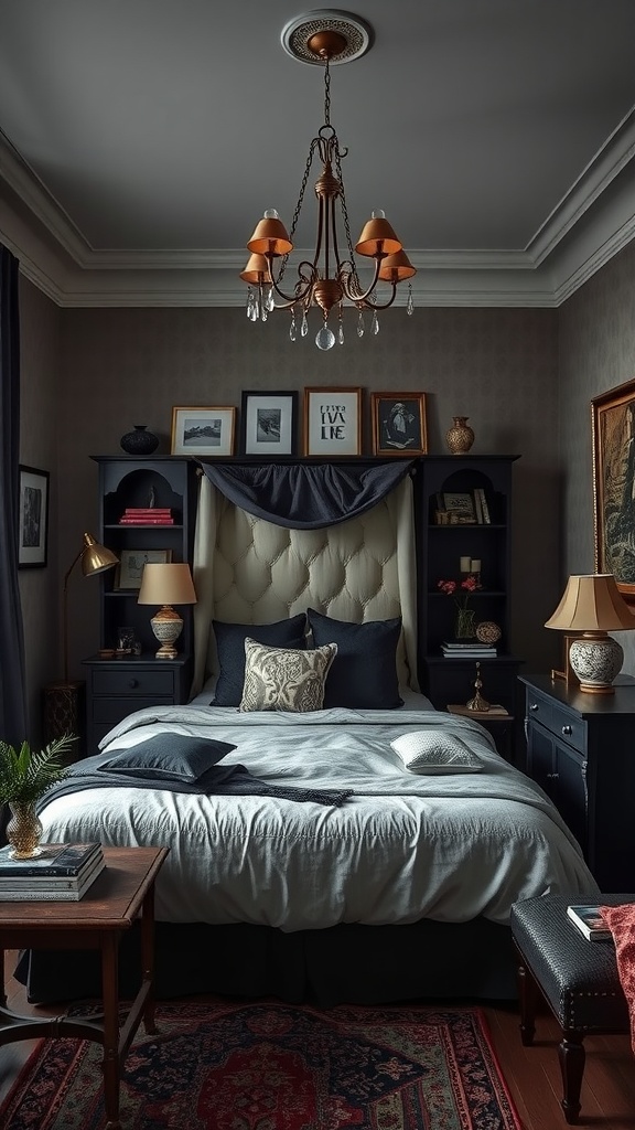 A vintage chic bedroom featuring a tufted headboard, dark wooden furniture, and warm lighting.