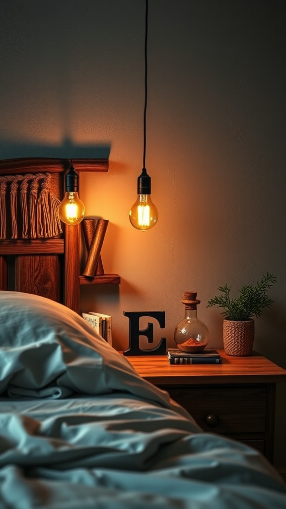 A cozy boho bedroom featuring vintage Edison bulbs hanging above a wooden headboard, creating a warm ambiance.