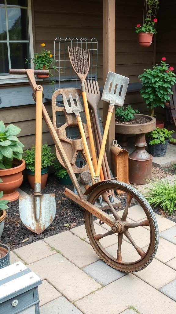 Rustic wheelbarrow filled with vintage gardening tools on a farmhouse patio