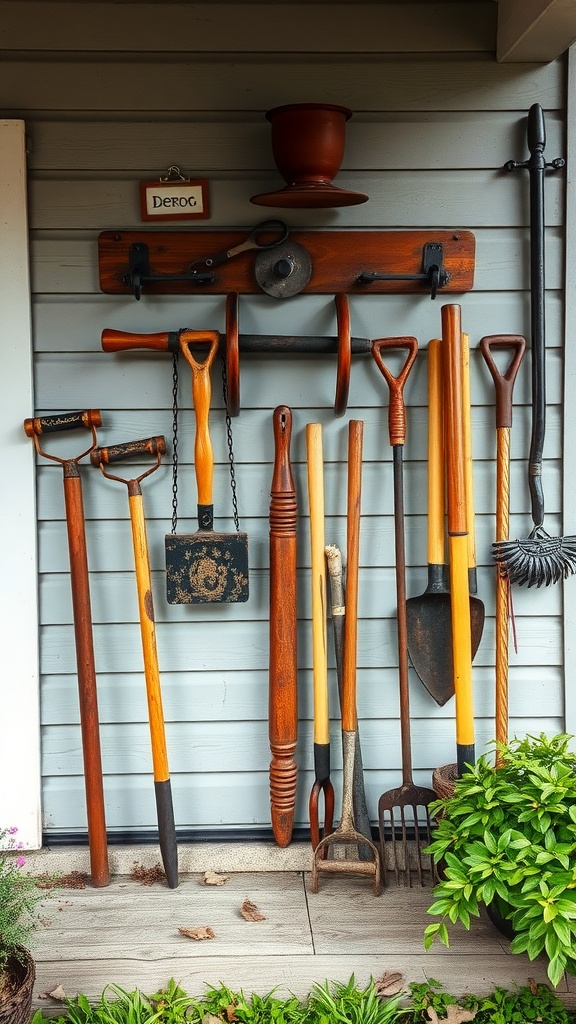 A collection of vintage farm tools arranged decoratively on a wall.