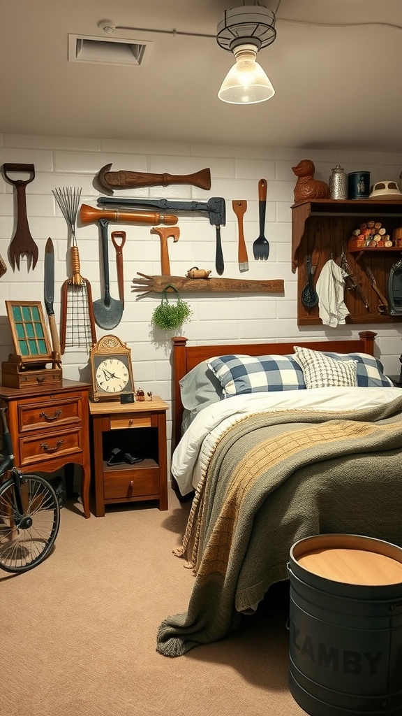 A cozy farmhouse basement bedroom featuring vintage farm tools on the wall, with rustic decor elements and a warm color palette.