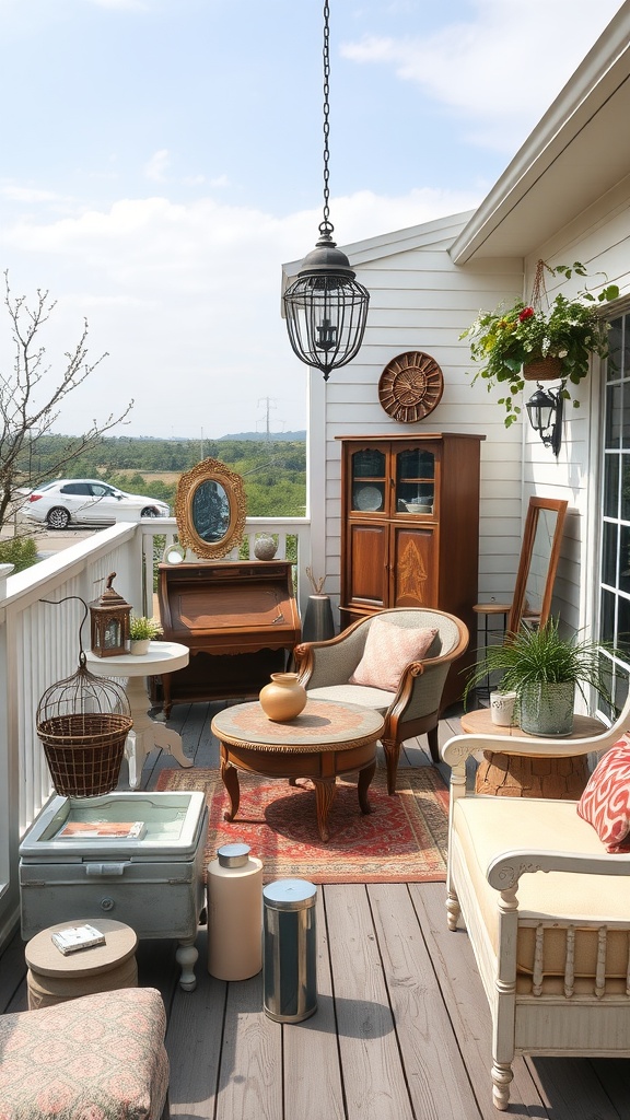 A cozy vintage farmhouse balcony featuring a mix of furniture and decor