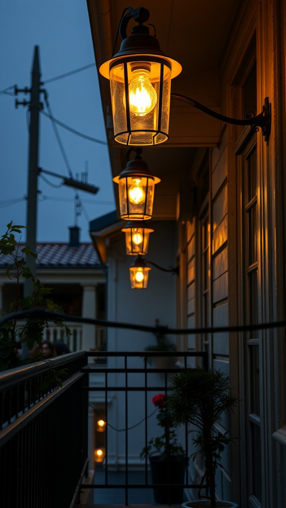 Vintage farmhouse style balcony lighting fixtures glowing in the evening
