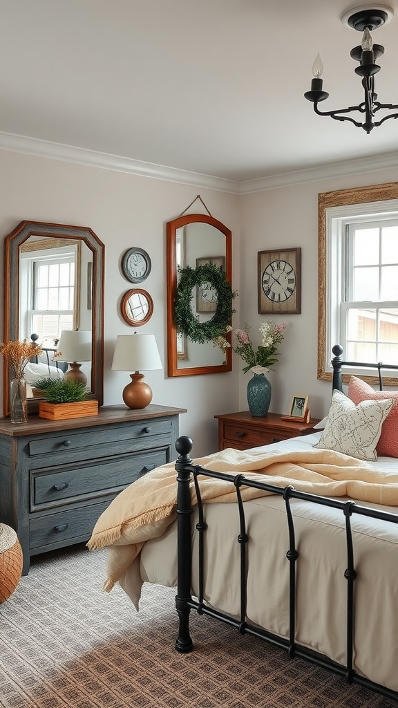 A cozy farmhouse basement bedroom featuring vintage mirrors on the walls, a wooden dresser, and a black metal bed.