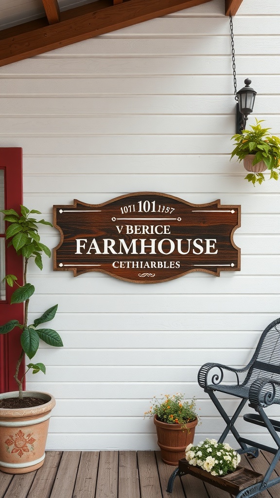 A vintage wooden sign reading 'Farmhouse' on a patio wall with potted plants.