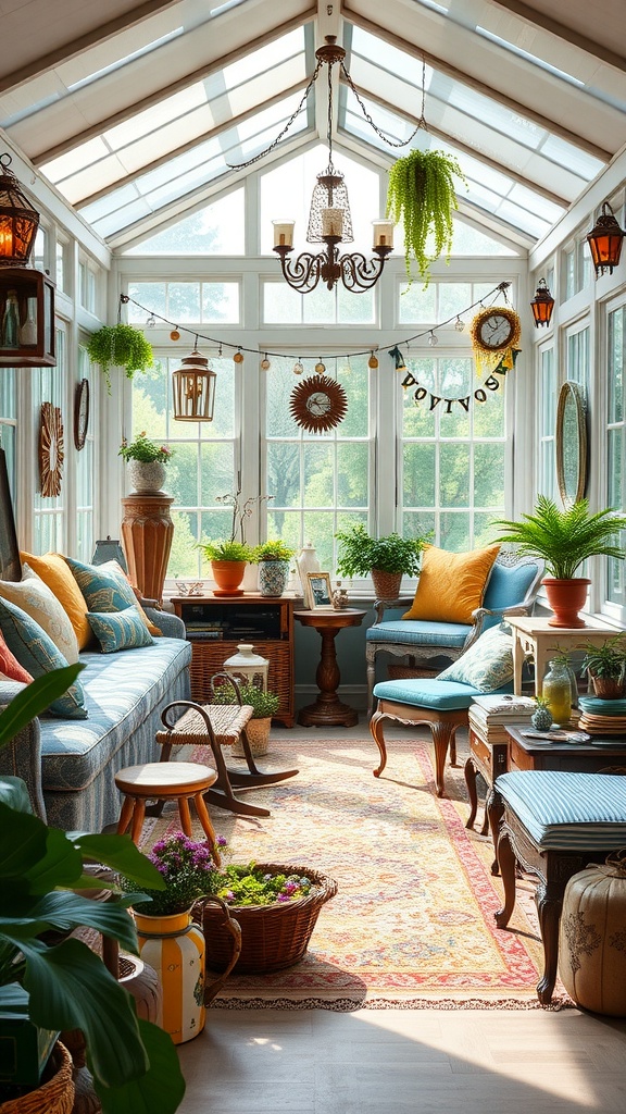 A cozy sunroom filled with vintage decor, plants, and colorful furniture, creating a boho atmosphere.