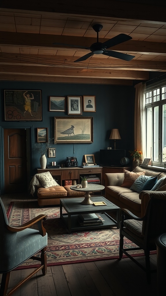 A cozy dark boho living room featuring vintage decor, artwork, and layered textiles.