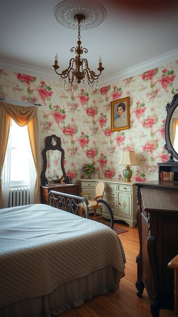 A vintage style bedroom featuring floral wallpaper, a chandelier, and antique furniture.