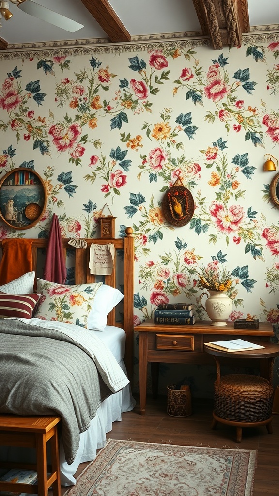 A cozy bedroom featuring vintage floral wallpaper with pink flowers and greenery, complemented by wooden furniture and soft textiles.