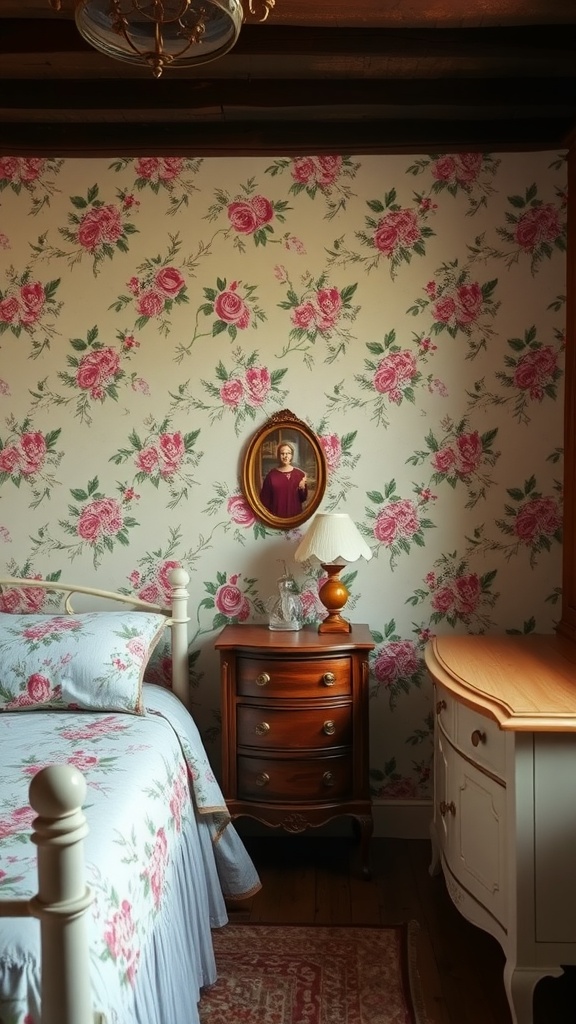 A cozy bedroom featuring vintage floral wallpaper with pink roses, a wooden bedside table, and a golden-framed mirror.