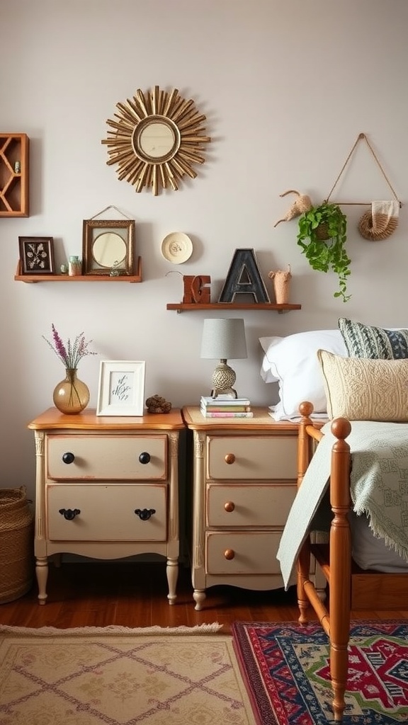 Close-up of vintage nightstands in a cozy boho eclectic bedroom setting
