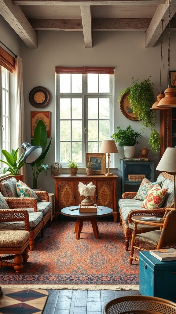 A cozy seating area featuring vintage furniture with plants and a patterned rug.