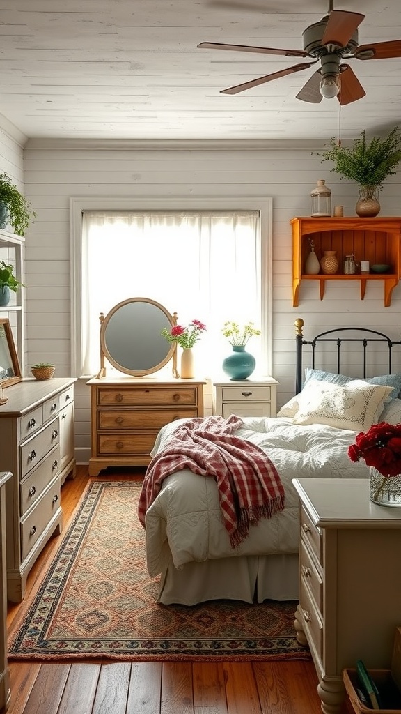 A chic farmhouse bedroom featuring vintage furniture, warm colors, and inviting decor.