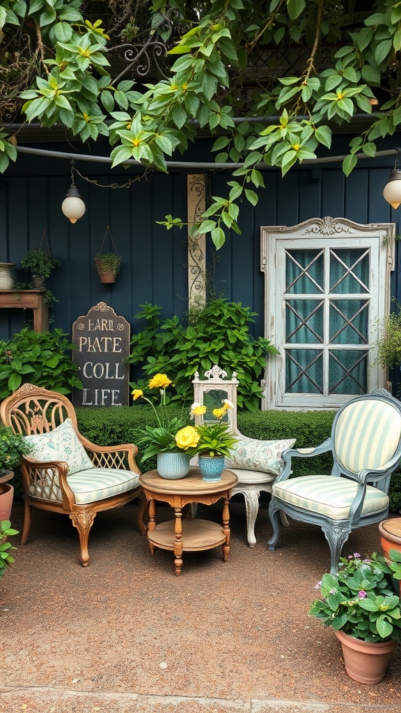 A cozy garden corner featuring vintage furniture with two chairs and a table surrounded by plants.
