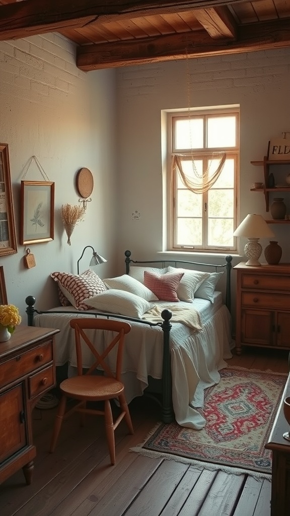 Cozy bedroom featuring vintage furniture and a Rustic Boho style