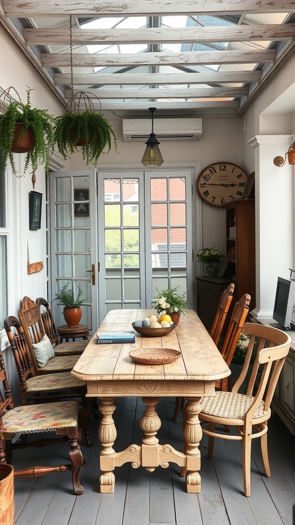 A cozy balcony featuring vintage wooden furniture, including a large table and eclectic chairs, with hanging plants and natural light.