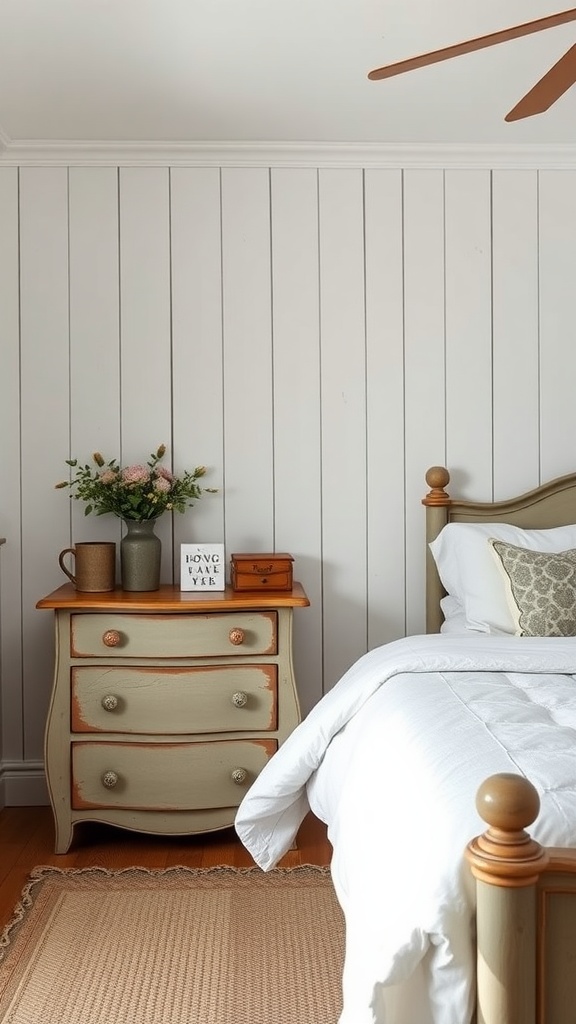 Cozy farmhouse bedroom featuring vintage furniture, including a distressed dresser, bedside table, and a vase of flowers.