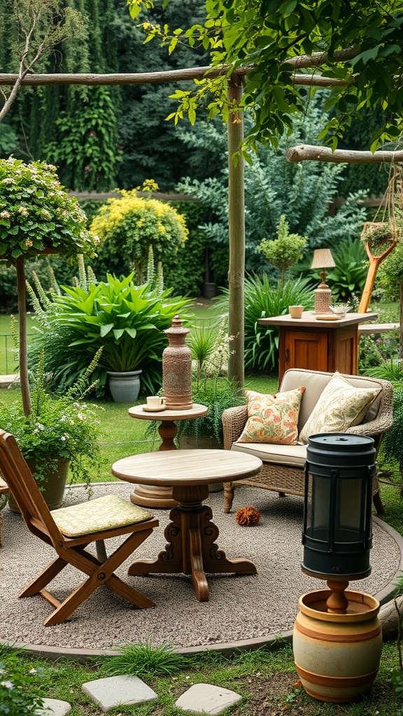 A cozy Boho garden seating area with vintage furniture, surrounded by lush greenery.