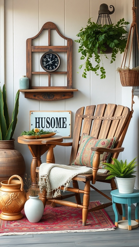 A cozy vintage-inspired back porch featuring a wooden rocking chair, rustic side table, decorative elements, and vibrant plants.