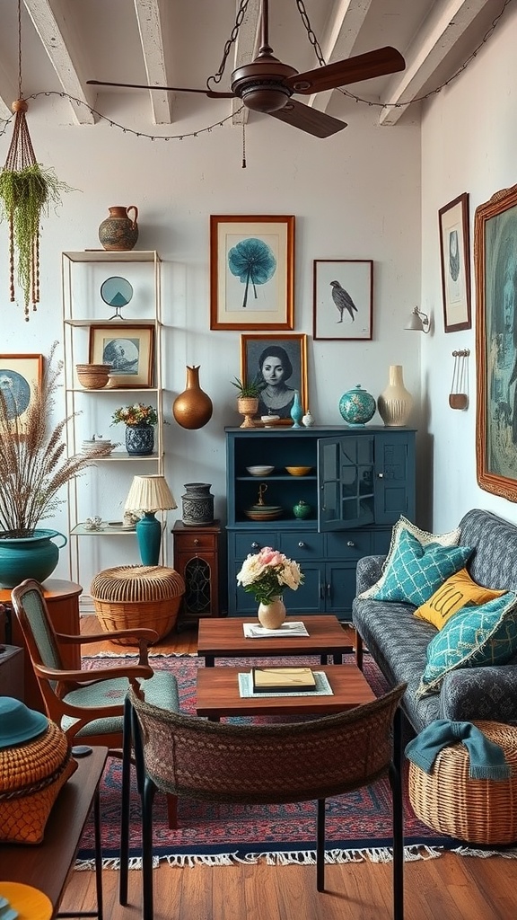 A cozy boho bedroom featuring vintage furniture with blue accents, artful decor, and a warm atmosphere
