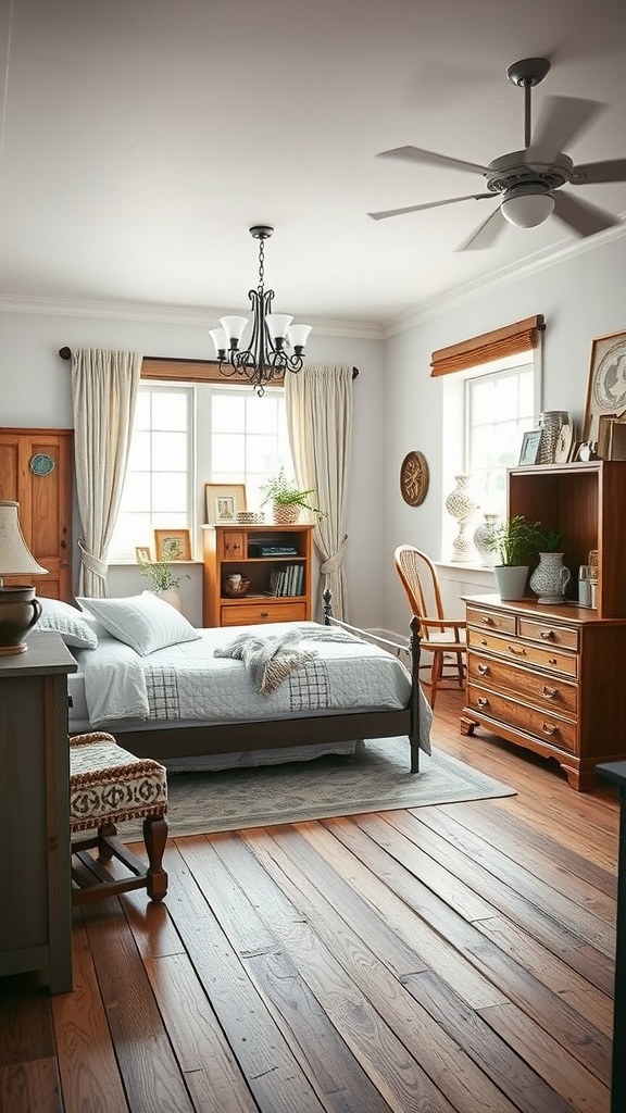 A cozy farmhouse glam bedroom featuring vintage furniture and modern fixtures.