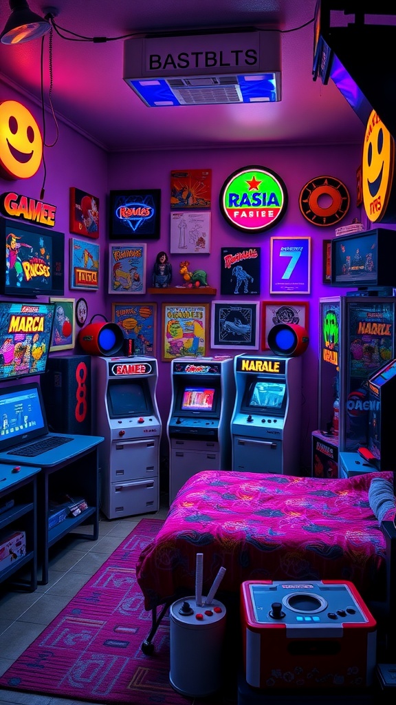A vintage gaming room featuring retro consoles, neon lights, and colorful decor.
