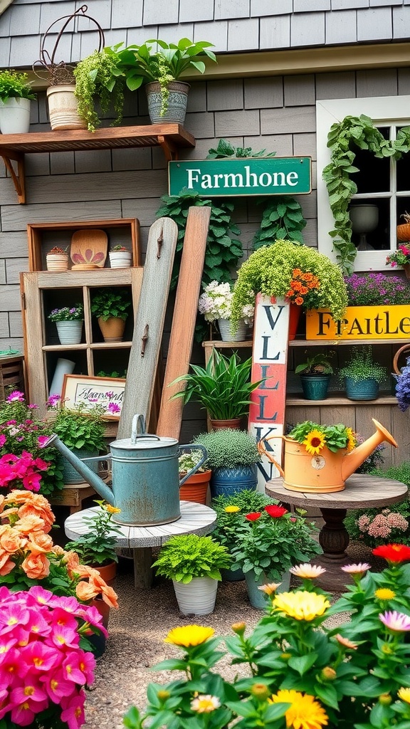 A vintage garden decor scene featuring potted plants, colorful flowers, watering cans, and a sign that reads 'Farmhone'.