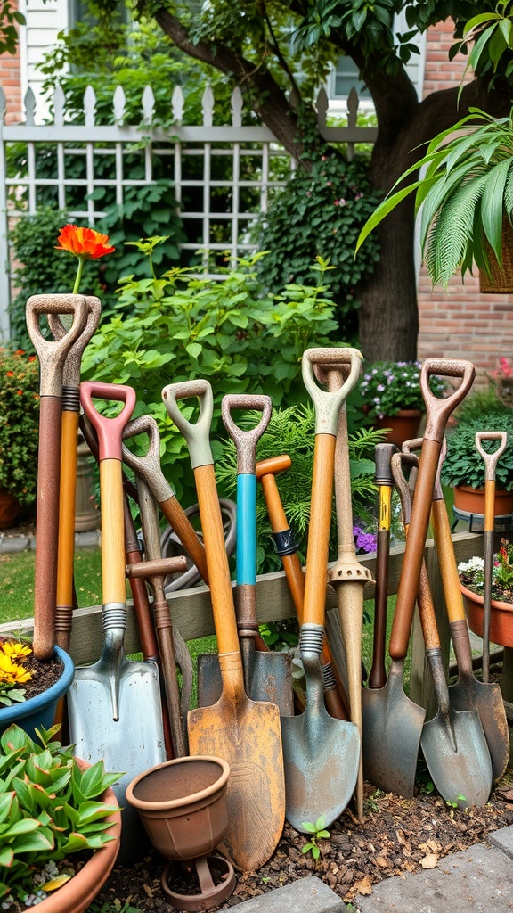 A collection of vintage garden tools displayed in a garden