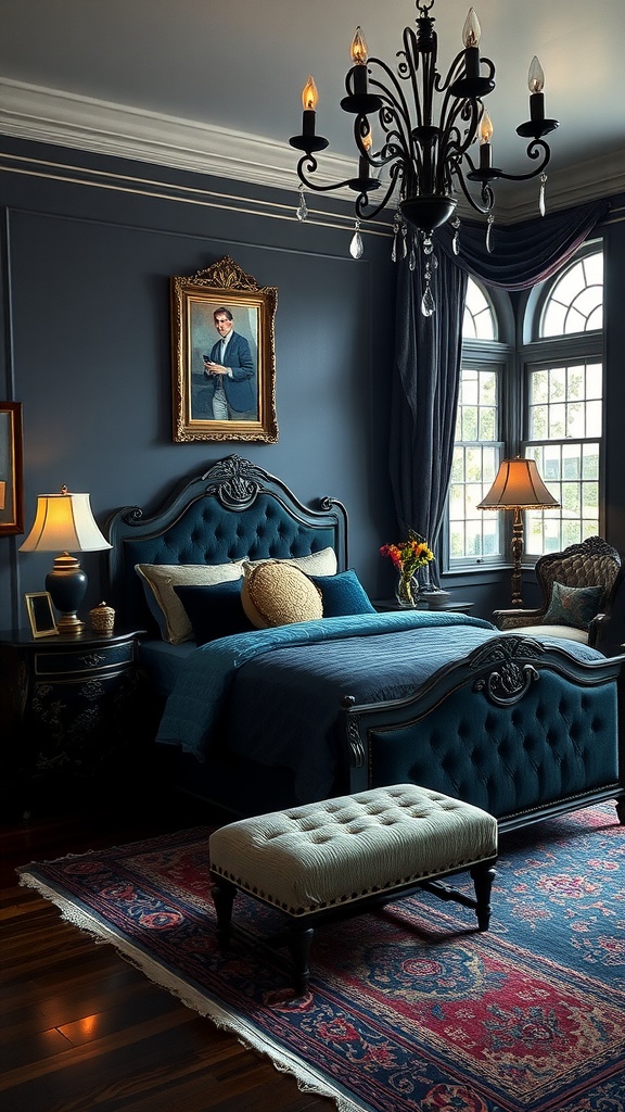 A vintage glam bedroom featuring dark jewel tones, a plush bed, ornate chandelier, and elegant decor.