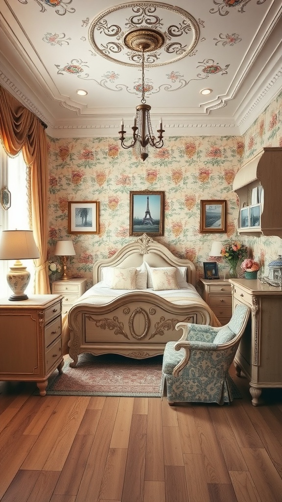 A vintage bedroom featuring floral wallpaper, an ornate bed, and elegant decor.