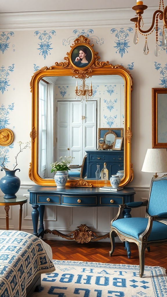 A beautifully styled bedroom featuring a vintage gold mirror accent above a blue console, with floral wallpaper and cozy decor.