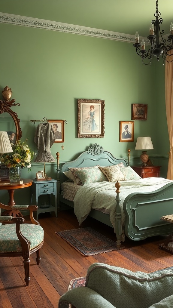 A cozy farmhouse bedroom with vintage green walls, antique furnishings, and warm wooden floors.