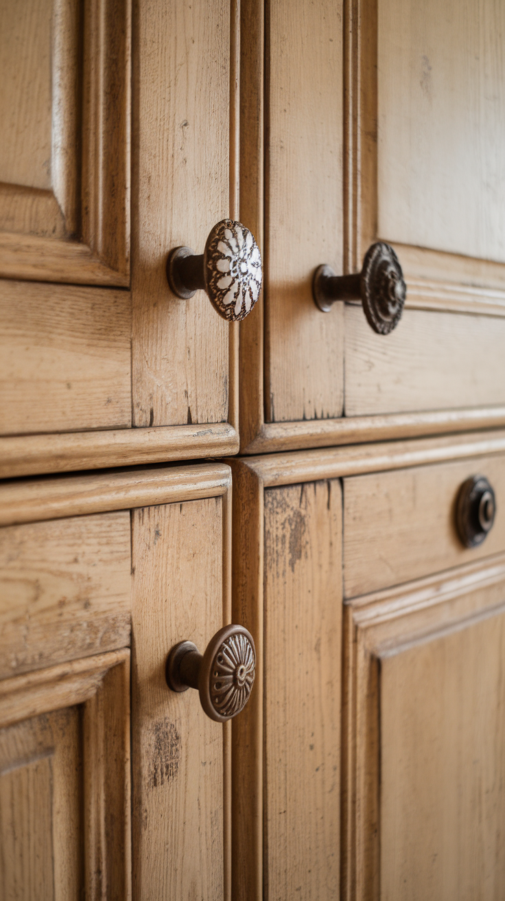 Close-up of vintage cabinet hardware with decorative knobs on wooden cabinets.
