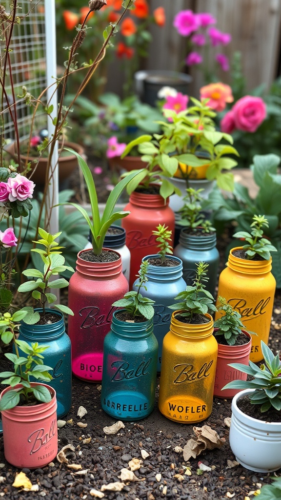 Colorful vintage jars used as plant holders in a garden setting