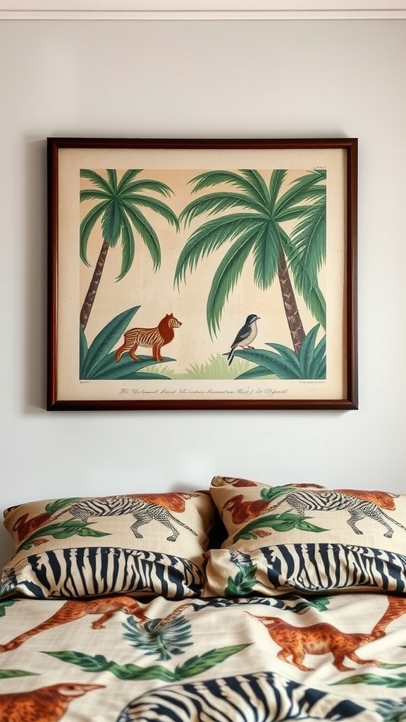 A vintage jungle print featuring a tiger and palm trees, above a bed with patterned pillows and bedding.