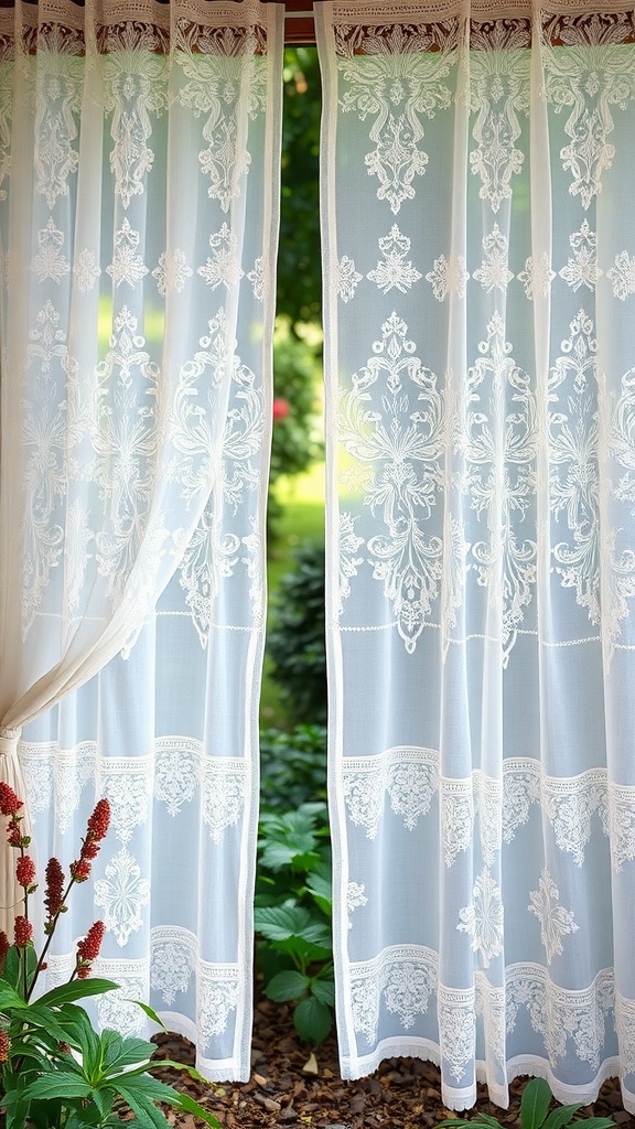 Vintage lace curtains providing privacy in a lush garden setting.