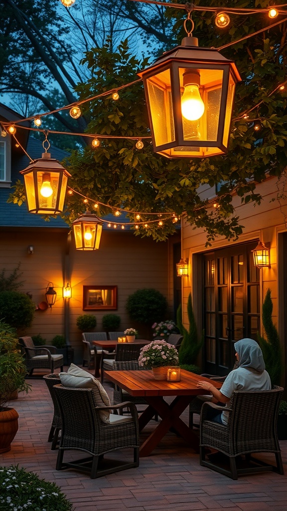 A cozy patio scene illuminated by vintage lanterns and string lights, featuring a wooden table and comfortable seating.