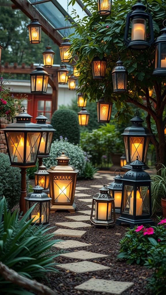 A serene garden pathway lined with various vintage lanterns, softly glowing amidst lush greenery and flowers.
