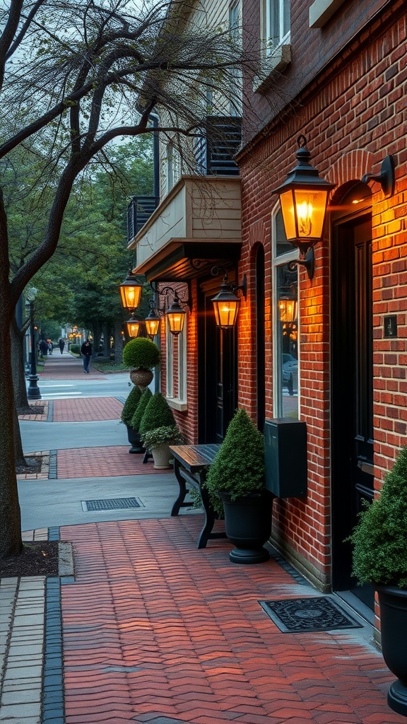 A brick walkway illuminated by vintage lanterns, lined with greenery and charming architecture.