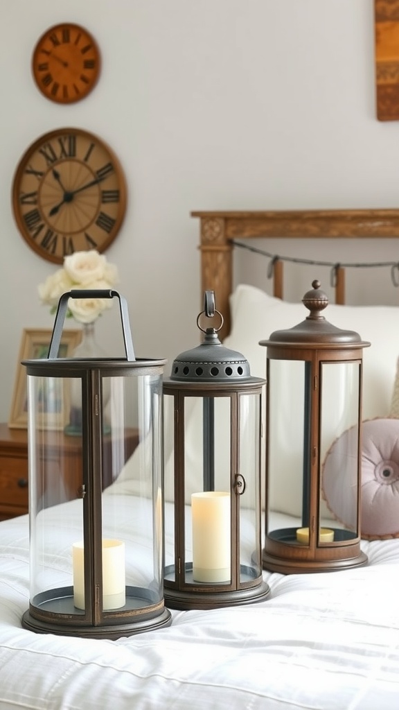 Three vintage lanterns with candles on a bed in a modern farmhouse bedroom