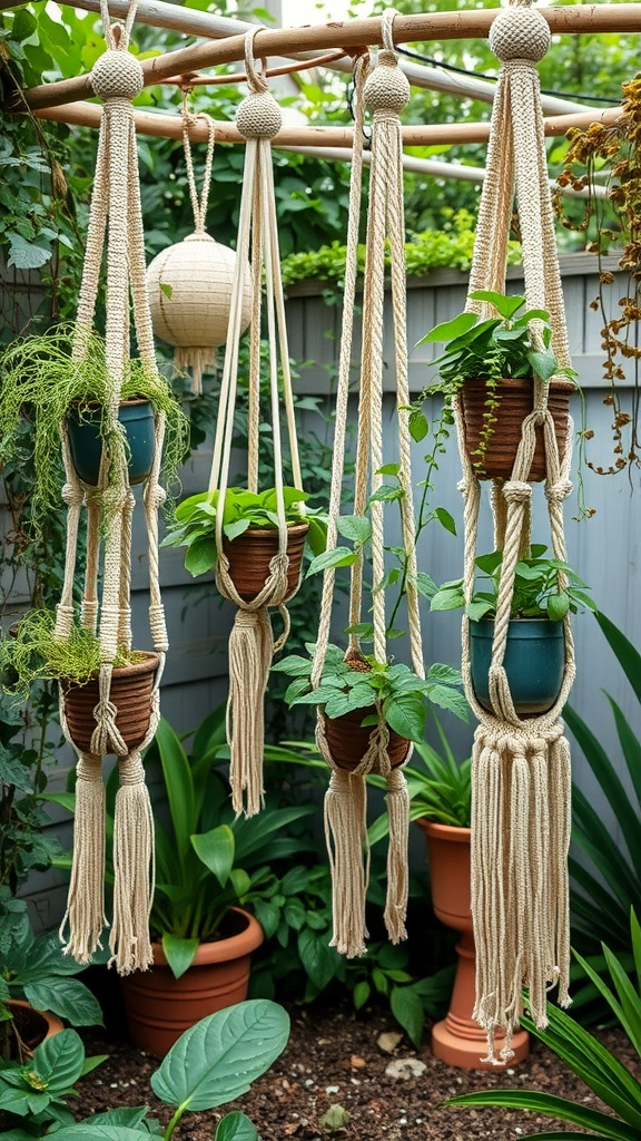 A collection of vintage macrame plant hangers displaying various potted plants in a lush garden setting.