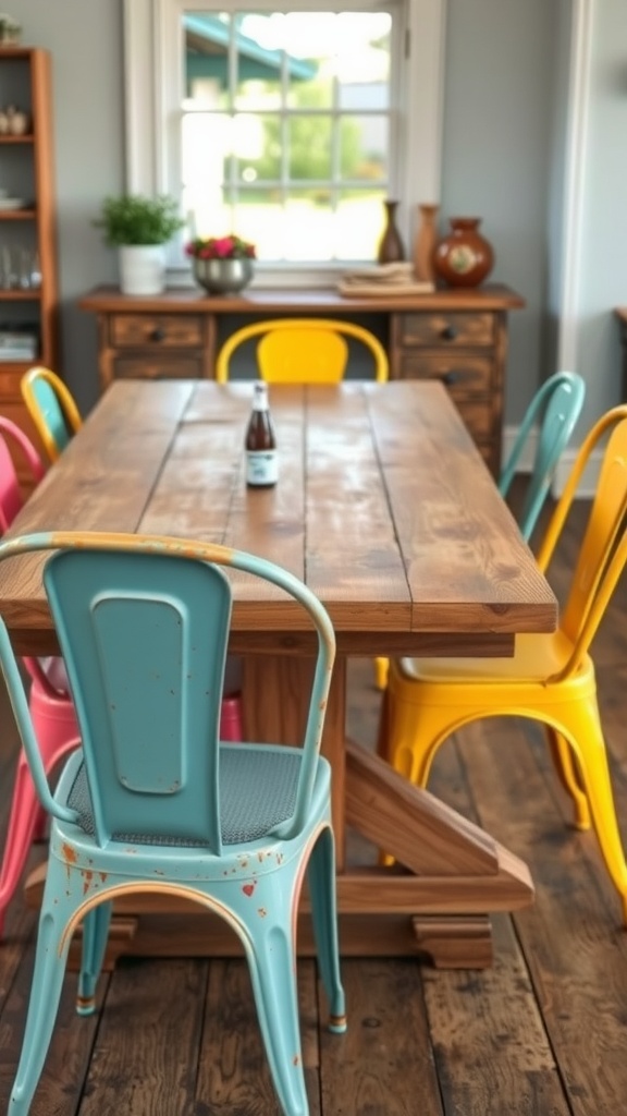 Colorful vintage metal chairs around a wooden dining table in a cozy setting.