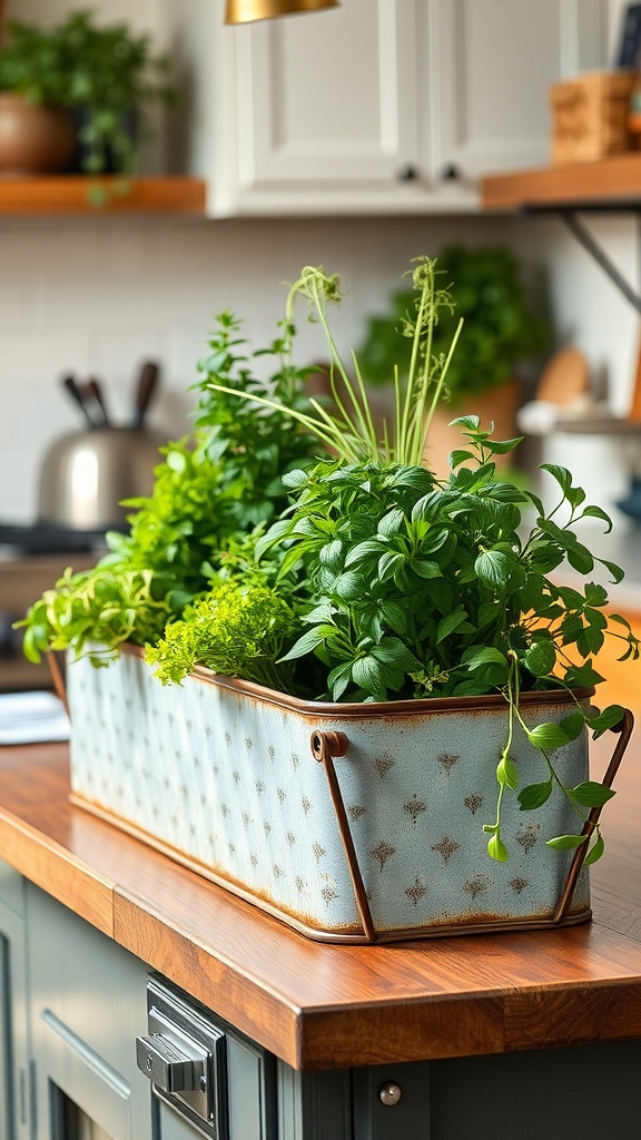 Vintage metal trough planter filled with fresh herbs on a kitchen counter
