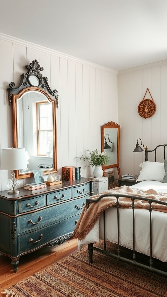 A cozy farmhouse glam bedroom featuring vintage mirrors, a blue dresser, and warm decor.