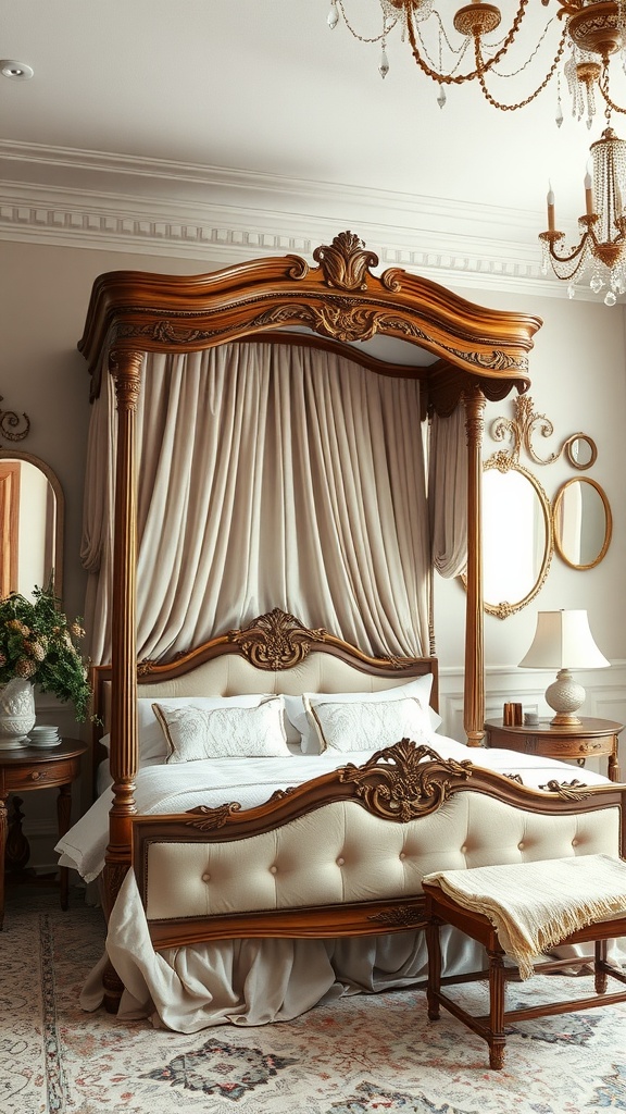 A serene boho bedroom featuring a canopy bed, vintage mirrors, and elegant decor.