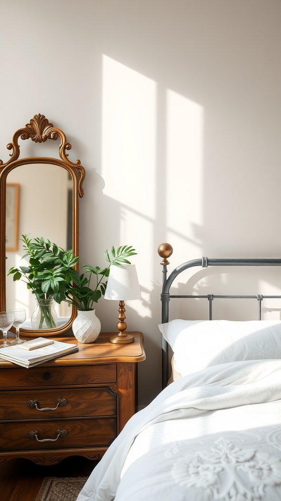 A vintage mirror with an ornate frame reflecting light in a cozy farmhouse chic bedroom.