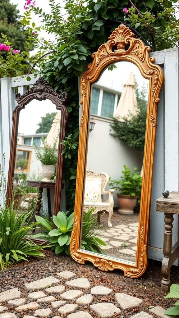 Two vintage mirrors in a garden setting surrounded by greenery